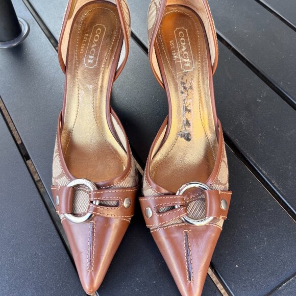 Vintage Coach Monogram Signature Kitten Heel Pumps, Brown Tan Leather Trim - Picture 4 of 7